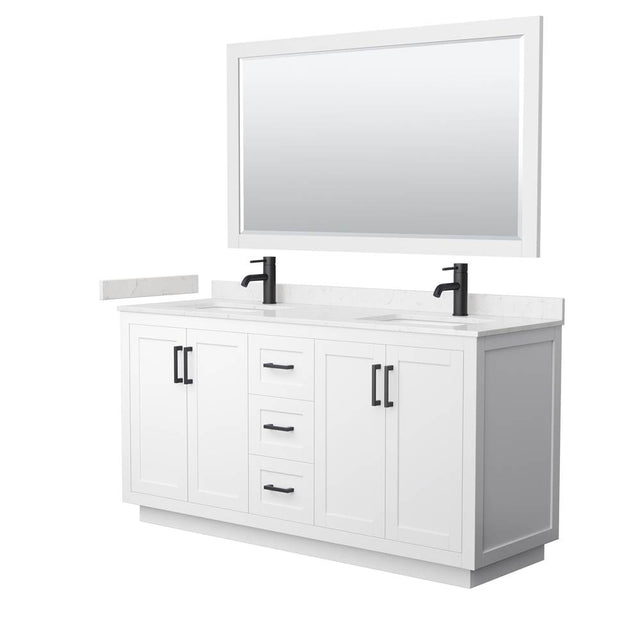 Wyndham Collection - Miranda 66 Inch Double Bathroom Vanity in White, Carrara Cultured Marble Countertop, Undermount Square Sinks, Matte Black Trim, 58 Inch Mirror