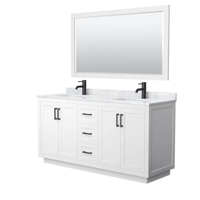 Wyndham Collection - Miranda 66 Inch Double Bathroom Vanity in White, White Carrara Marble Countertop, Undermount Square Sinks, Matte Black Trim, 58 Inch Mirror