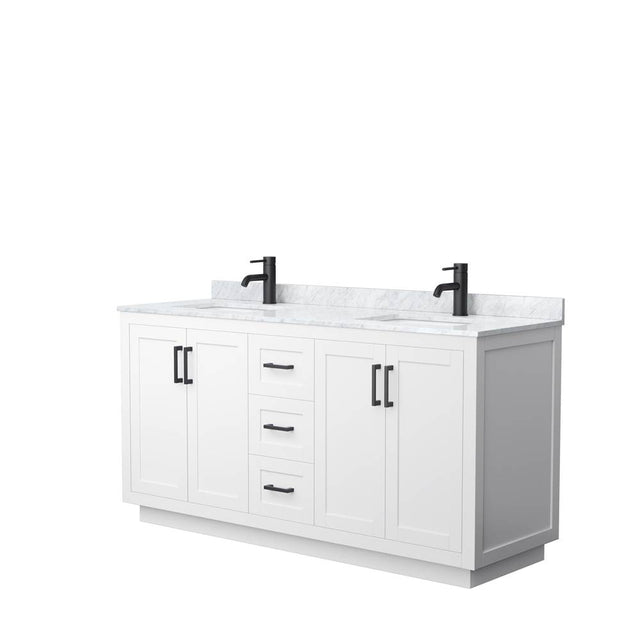 Wyndham Collection - Miranda 66 Inch Double Bathroom Vanity in White, White Carrara Marble Countertop, Undermount Square Sinks, Matte Black Trim