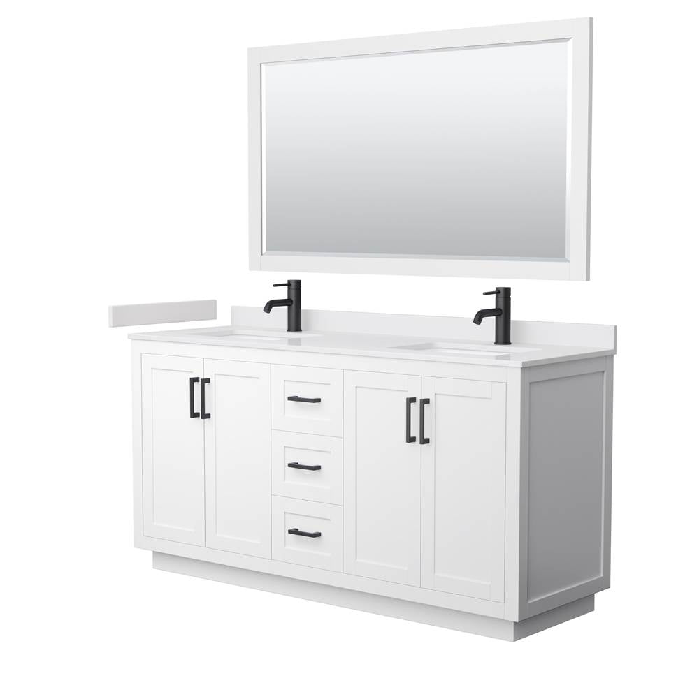 Wyndham Collection - Miranda 66 Inch Double Bathroom Vanity in White, White Cultured Marble Countertop, Undermount Square Sinks, Matte Black Trim, 58 Inch Mirror