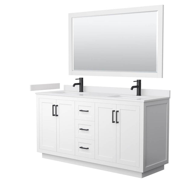Wyndham Collection - Miranda 66 Inch Double Bathroom Vanity in White, White Cultured Marble Countertop, Undermount Square Sinks, Matte Black Trim, 58 Inch Mirror