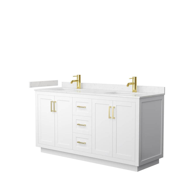Wyndham Collection - Miranda 66 Inch Double Bathroom Vanity in White, Carrara Cultured Marble Countertop, Undermount Square Sinks, Brushed Gold Trim