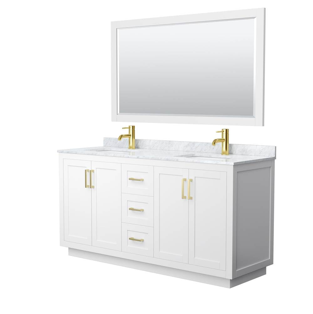 Wyndham Collection - Miranda 66 Inch Double Bathroom Vanity in White, White Carrara Marble Countertop, Undermount Square Sinks, Brushed Gold Trim, 58 Inch Mirror
