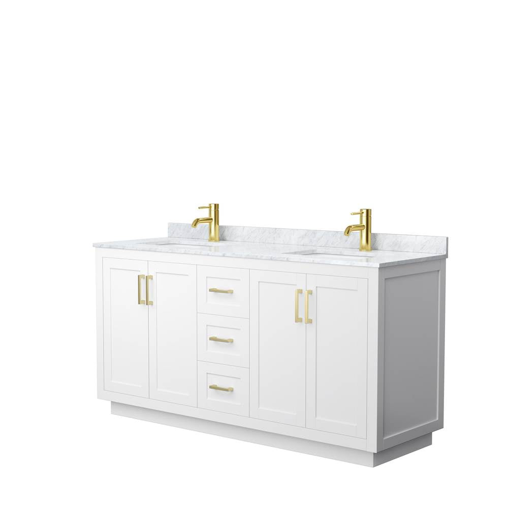 Wyndham Collection - Miranda 66 Inch Double Bathroom Vanity in White, White Carrara Marble Countertop, Undermount Square Sinks, Brushed Gold Trim