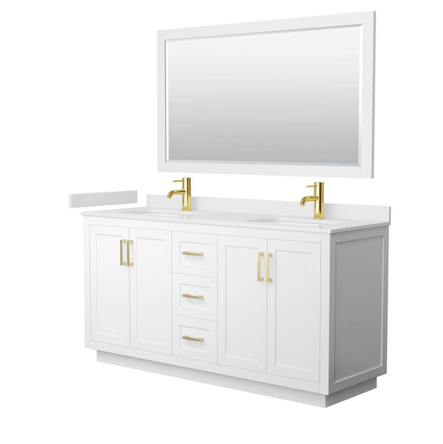 Wyndham Collection - Miranda 66 Inch Double Bathroom Vanity in White, White Cultured Marble Countertop, Undermount Square Sinks, Brushed Gold Trim, 58 Inch Mirror