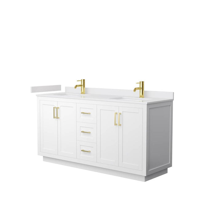 Wyndham Collection - Miranda 66 Inch Double Bathroom Vanity in White, White Cultured Marble Countertop, Undermount Square Sinks, Brushed Gold Trim