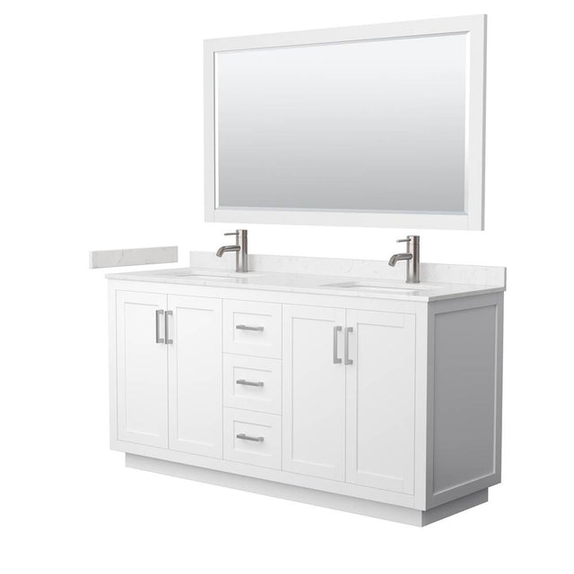 Wyndham Collection - Miranda 66 Inch Double Bathroom Vanity in White, Carrara Cultured Marble Countertop, Undermount Square Sinks, Brushed Nickel Trim, 58 Inch Mirror