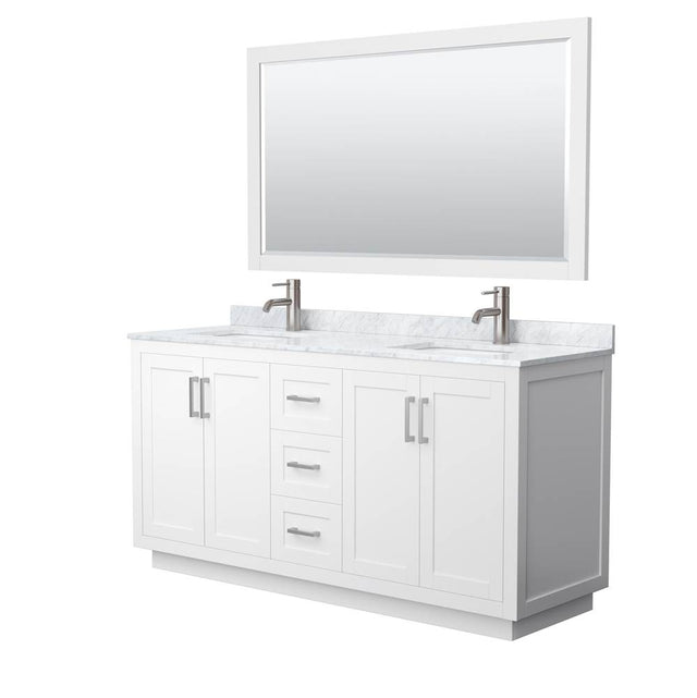 Wyndham Collection - Miranda 66 Inch Double Bathroom Vanity in White, White Carrara Marble Countertop, Undermount Square Sinks, Brushed Nickel Trim, 58 Inch Mirror