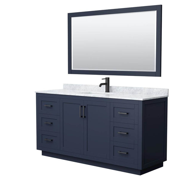 Wyndham Collection - Miranda 66 Inch Single Bathroom Vanity in Dark Blue, White Carrara Marble Countertop, Undermount Square Sink, Matte Black Trim, 58 Inch Mirror