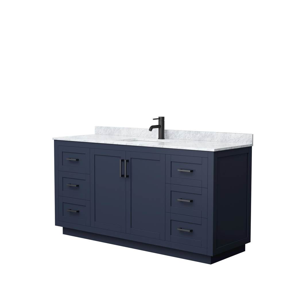 Wyndham Collection - Miranda 66 Inch Single Bathroom Vanity in Dark Blue, White Carrara Marble Countertop, Undermount Square Sink, Matte Black Trim