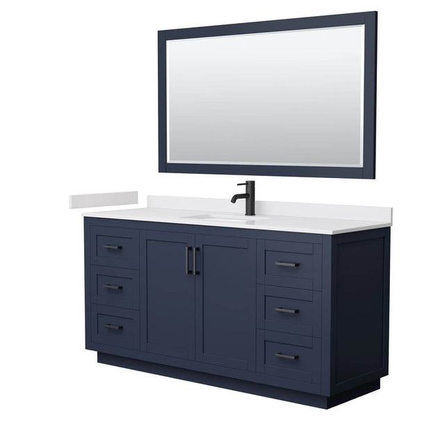 Wyndham Collection - Miranda 66 Inch Single Bathroom Vanity in Dark Blue, White Cultured Marble Countertop, Undermount Square Sink, Matte Black Trim, 58 Inch Mirror