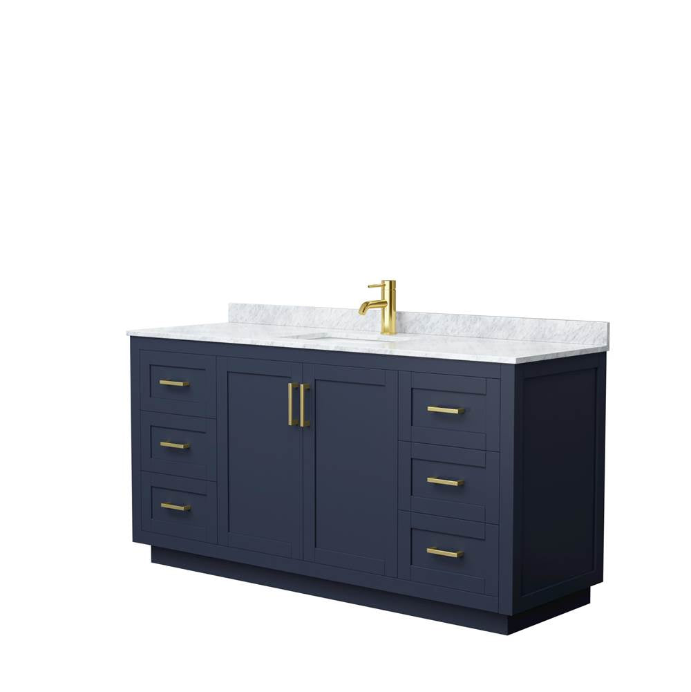 Wyndham Collection - Miranda 66 Inch Single Bathroom Vanity in Dark Blue, White Carrara Marble Countertop, Undermount Square Sink, Brushed Gold Trim