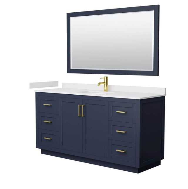 Wyndham Collection - Miranda 66 Inch Single Bathroom Vanity in Dark Blue, White Cultured Marble Countertop, Undermount Square Sink, Brushed Gold Trim, 58 Inch Mirror