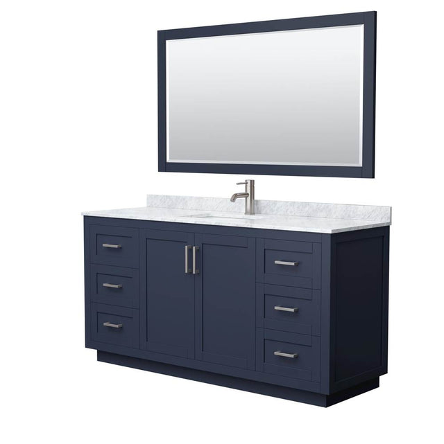 Wyndham Collection - Miranda 66 Inch Single Bathroom Vanity in Dark Blue, White Carrara Marble Countertop, Undermount Square Sink, Brushed Nickel Trim, 58 Inch Mirror