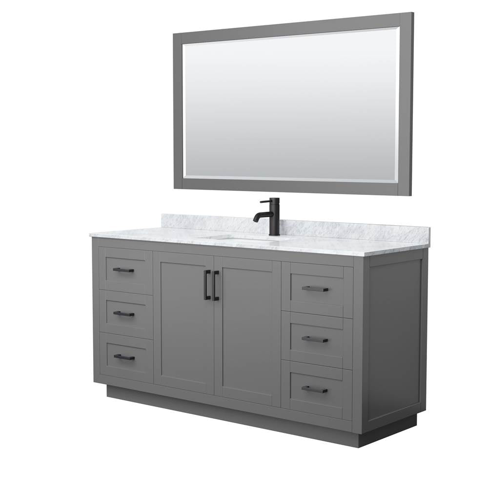 Wyndham Collection - Miranda 66 Inch Single Bathroom Vanity in Dark Gray, White Carrara Marble Countertop, Undermount Square Sink, Matte Black Trim, 58 Inch Mirror