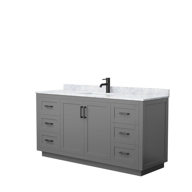 Wyndham Collection - Miranda 66 Inch Single Bathroom Vanity in Dark Gray, White Carrara Marble Countertop, Undermount Square Sink, Matte Black Trim