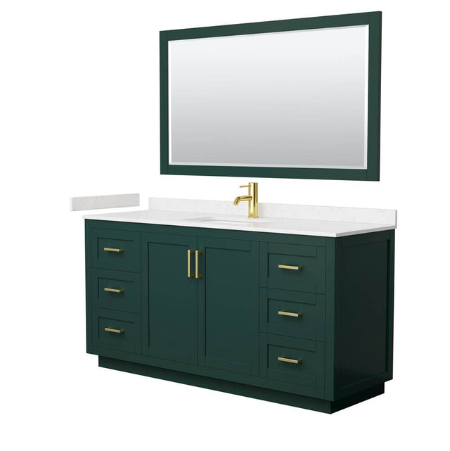 Wyndham Collection - Miranda 66 Inch Single Bathroom Vanity in Green, Carrara Cultured Marble Countertop, Undermount Square Sink, Brushed Gold Trim, 58 Inch Mirror