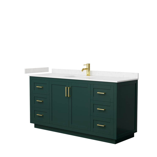 Wyndham Collection - Miranda 66 Inch Single Bathroom Vanity in Green, Carrara Cultured Marble Countertop, Undermount Square Sink, Brushed Gold Trim