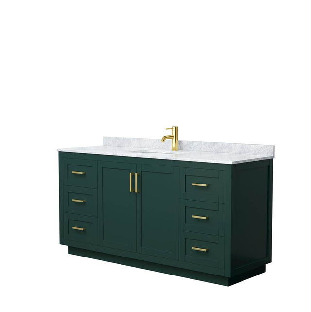 Wyndham Collection - Miranda 66 Inch Single Bathroom Vanity in Green, White Carrara Marble Countertop, Undermount Square Sink, Brushed Gold Trim