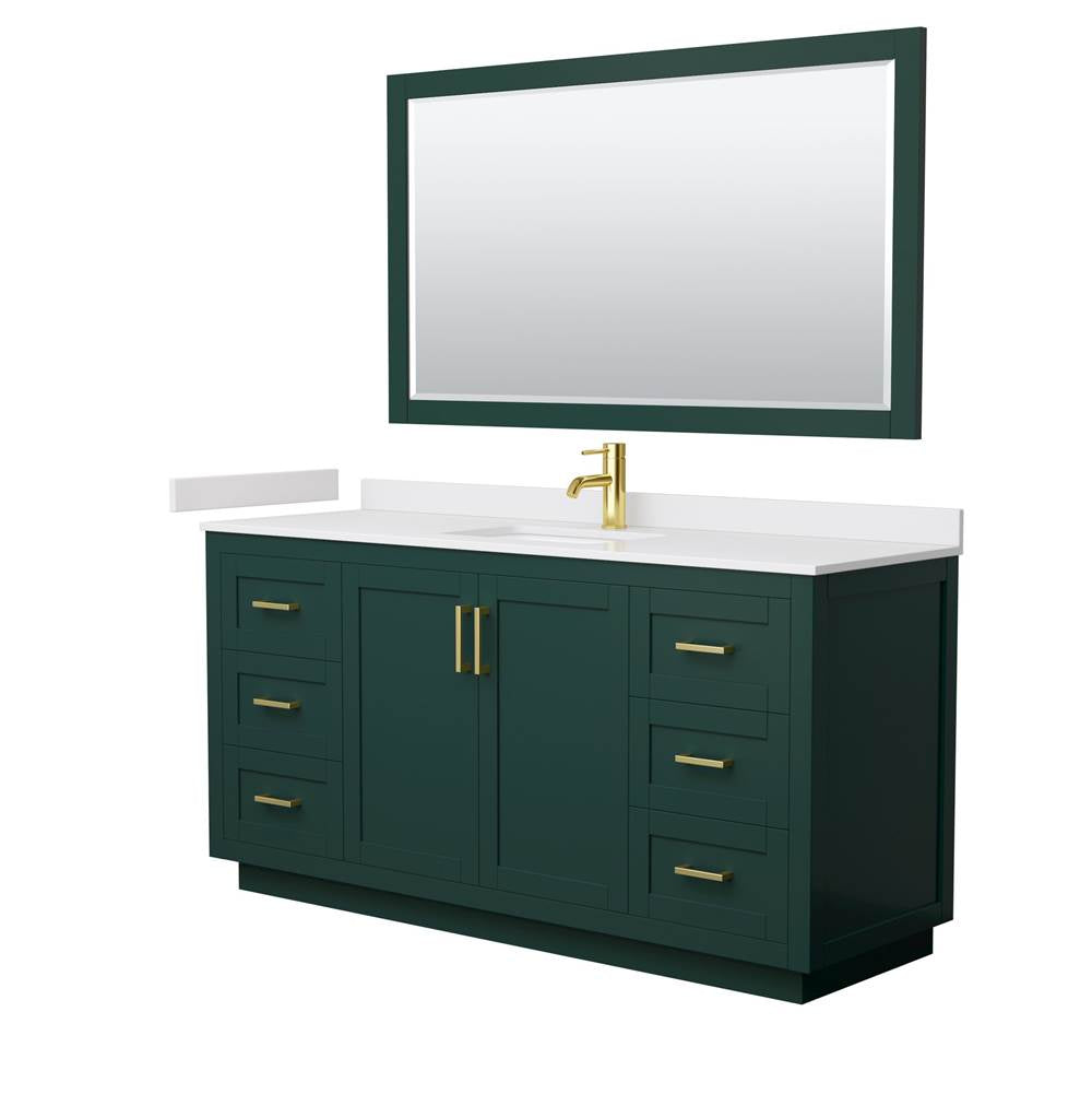 Wyndham Collection - Miranda 66 Inch Single Bathroom Vanity in Green, White Cultured Marble Countertop, Undermount Square Sink, Brushed Gold Trim, 58 Inch Mirror