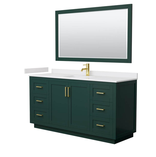 Wyndham Collection - Miranda 66 Inch Single Bathroom Vanity in Green, White Cultured Marble Countertop, Undermount Square Sink, Brushed Gold Trim, 58 Inch Mirror