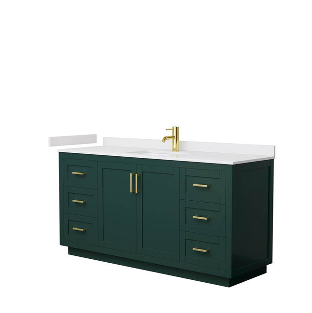 Wyndham Collection - Miranda 66 Inch Single Bathroom Vanity in Green, White Cultured Marble Countertop, Undermount Square Sink, Brushed Gold Trim