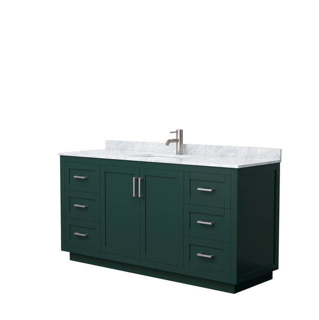 Wyndham Collection - Miranda 66 Inch Single Bathroom Vanity in Green, White Carrara Marble Countertop, Undermount Square Sink, Brushed Nickel Trim