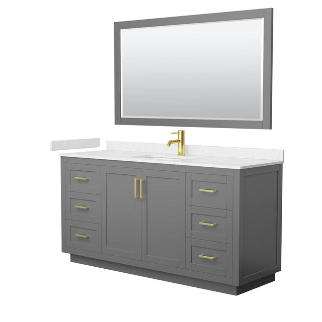 Wyndham Collection - Miranda 66 Inch Single Bathroom Vanity in Dark Gray, Carrara Cultured Marble Countertop, Undermount Square Sink, Brushed Gold Trim, 58 Inch Mirror