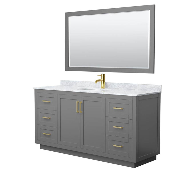 Wyndham Collection - Miranda 66 Inch Single Bathroom Vanity in Dark Gray, White Carrara Marble Countertop, Undermount Square Sink, Brushed Gold Trim, 58 Inch Mirror