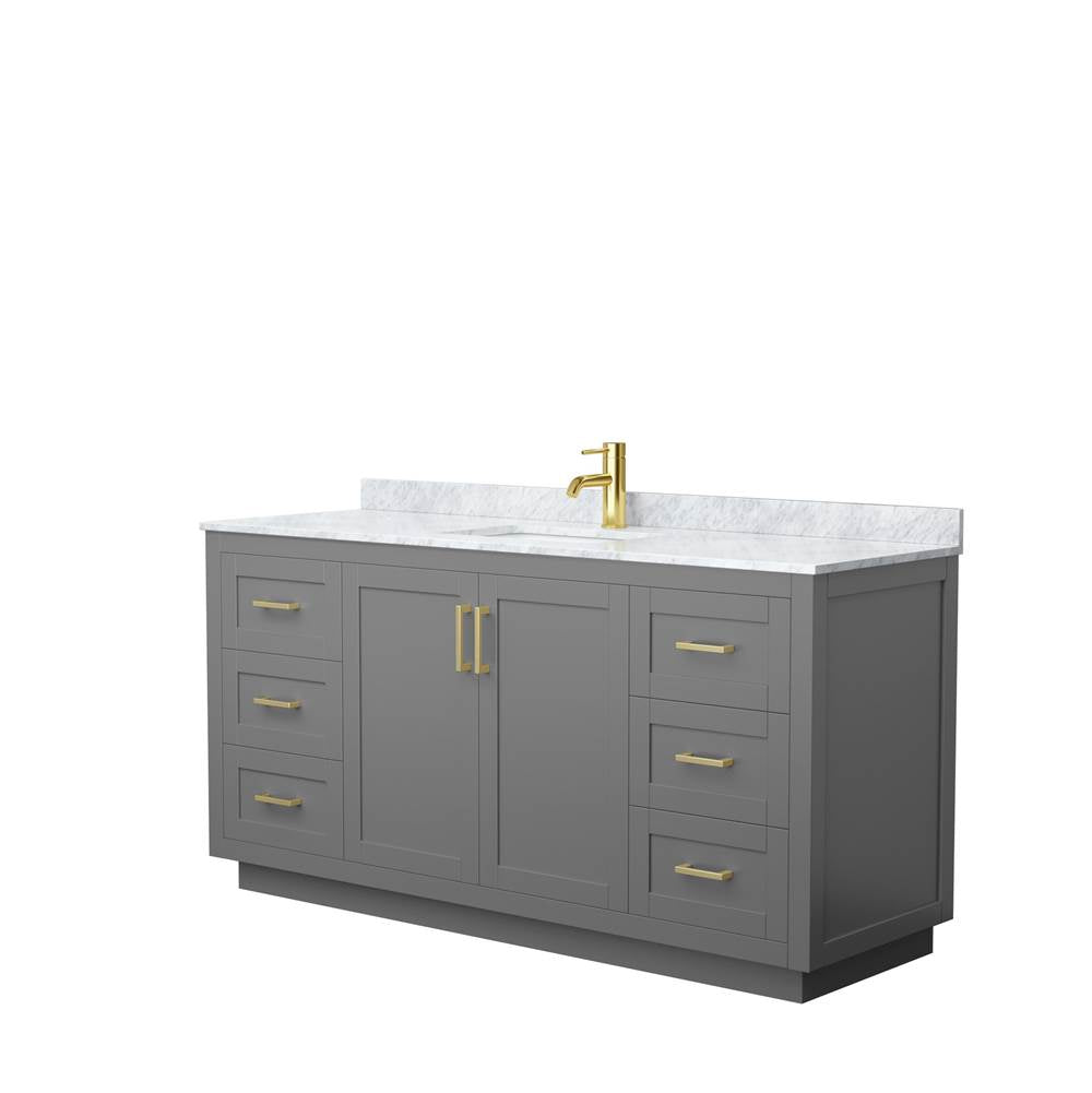 Wyndham Collection - Miranda 66 Inch Single Bathroom Vanity in Dark Gray, White Carrara Marble Countertop, Undermount Square Sink, Brushed Gold Trim