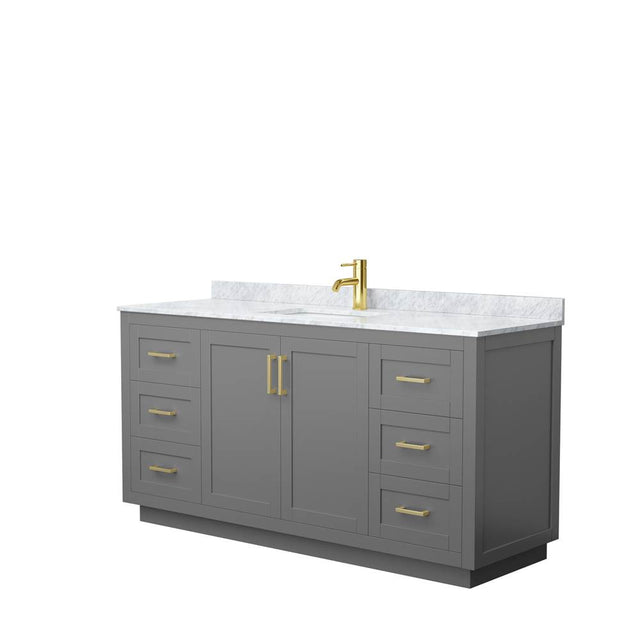 Wyndham Collection - Miranda 66 Inch Single Bathroom Vanity in Dark Gray, White Carrara Marble Countertop, Undermount Square Sink, Brushed Gold Trim