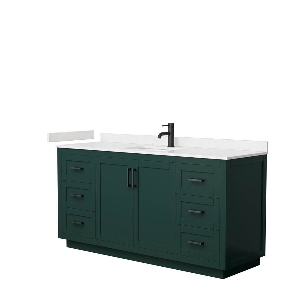 Wyndham Collection - Miranda 66 Inch Single Bathroom Vanity in Green, Carrara Cultured Marble Countertop, Undermount Square Sink, Matte Black Trim