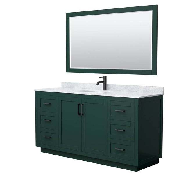 Wyndham Collection - Miranda 66 Inch Single Bathroom Vanity in Green, White Carrara Marble Countertop, Undermount Square Sink, Matte Black Trim, 58 Inch Mirror