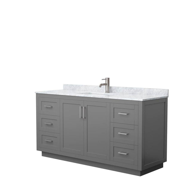 Wyndham Collection - Miranda 66 Inch Single Bathroom Vanity in Dark Gray, White Carrara Marble Countertop, Undermount Square Sink, Brushed Nickel Trim