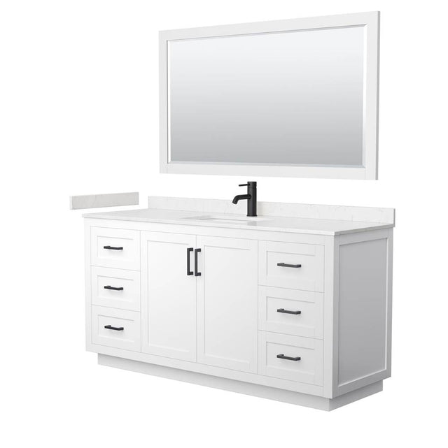 Wyndham Collection - Miranda 66 Inch Single Bathroom Vanity in White, Carrara Cultured Marble Countertop, Undermount Square Sink, Matte Black Trim, 58 Inch Mirror