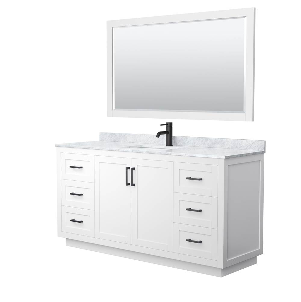 Wyndham Collection - Miranda 66 Inch Single Bathroom Vanity in White, White Carrara Marble Countertop, Undermount Square Sink, Matte Black Trim, 58 Inch Mirror