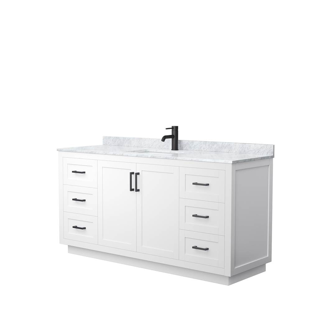 Wyndham Collection - Miranda 66 Inch Single Bathroom Vanity in White, White Carrara Marble Countertop, Undermount Square Sink, Matte Black Trim