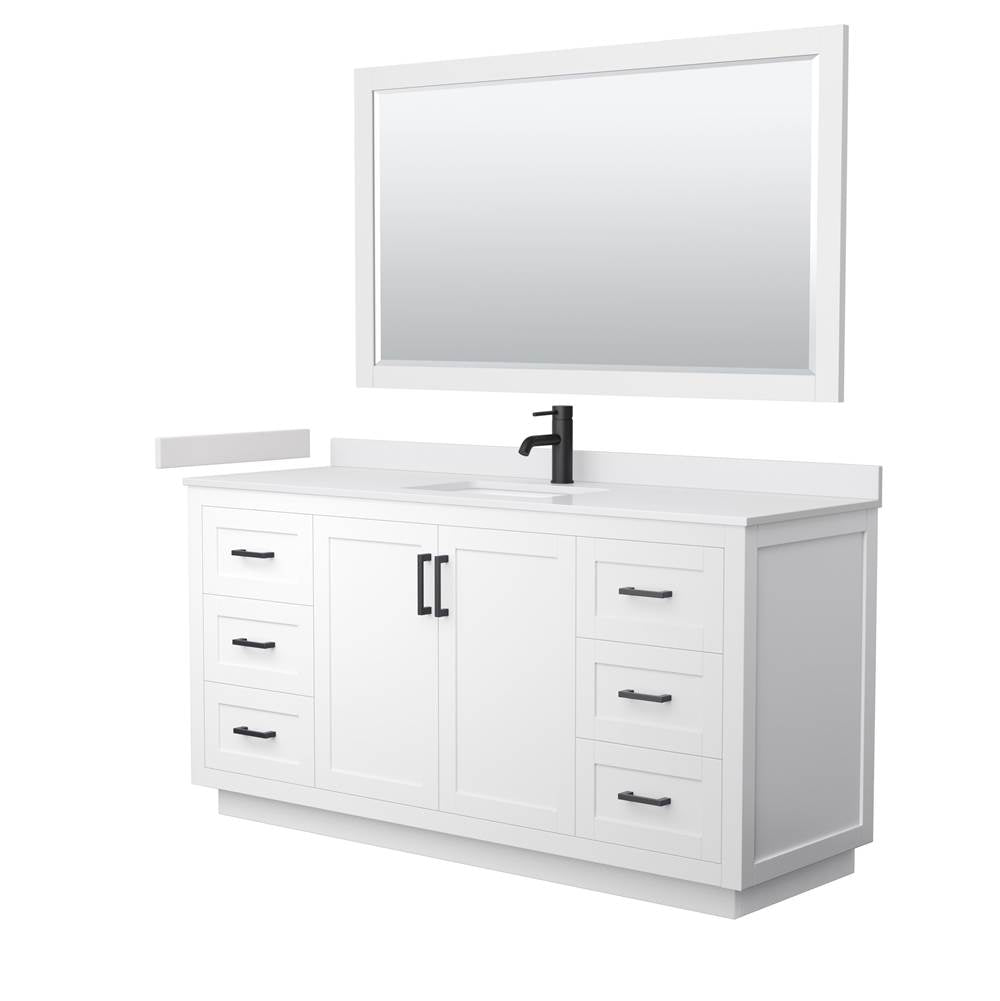 Wyndham Collection - Miranda 66 Inch Single Bathroom Vanity in White, White Cultured Marble Countertop, Undermount Square Sink, Matte Black Trim, 58 Inch Mirror