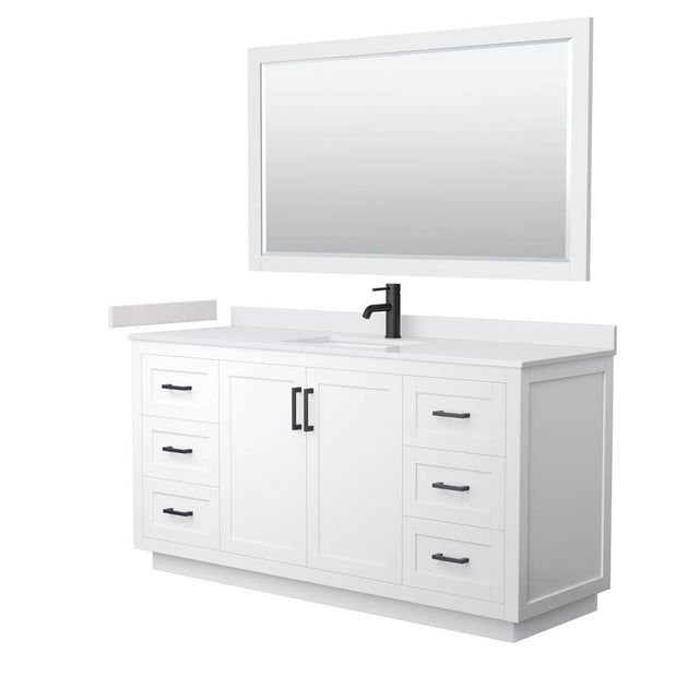 Wyndham Collection - Miranda 66 Inch Single Bathroom Vanity in White, White Cultured Marble Countertop, Undermount Square Sink, Matte Black Trim, 58 Inch Mirror