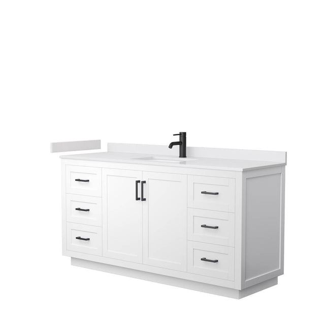 Wyndham Collection - Miranda 66 Inch Single Bathroom Vanity in White, White Cultured Marble Countertop, Undermount Square Sink, Matte Black Trim