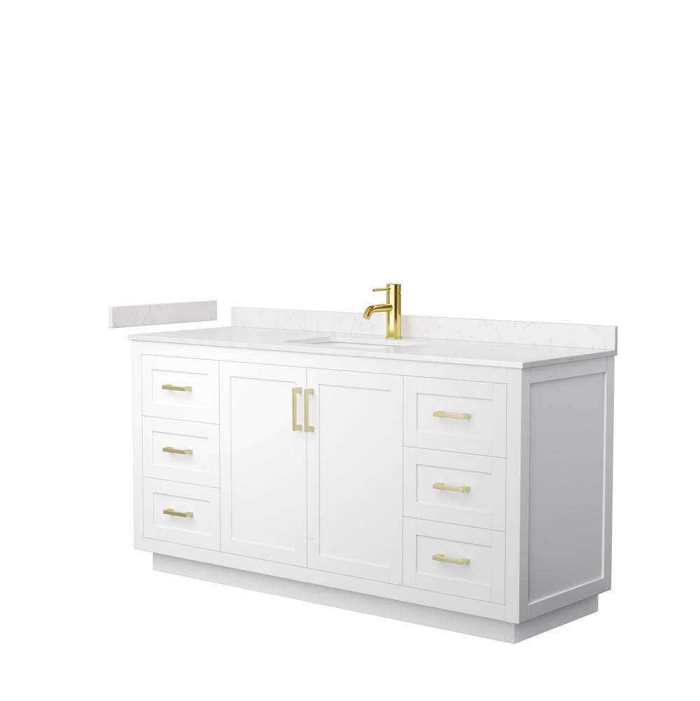 Wyndham Collection - Miranda 66 Inch Single Bathroom Vanity in White, Carrara Cultured Marble Countertop, Undermount Square Sink, Brushed Gold Trim