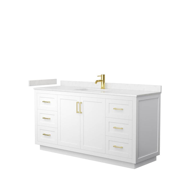 Wyndham Collection - Miranda 66 Inch Single Bathroom Vanity in White, Carrara Cultured Marble Countertop, Undermount Square Sink, Brushed Gold Trim