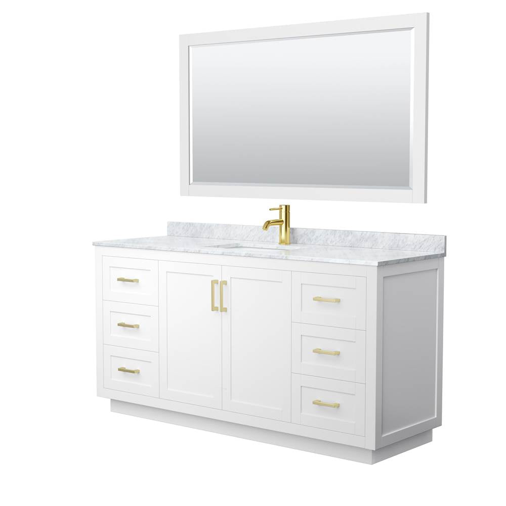 Wyndham Collection - Miranda 66 Inch Single Bathroom Vanity in White, White Carrara Marble Countertop, Undermount Square Sink, Brushed Gold Trim, 58 Inch Mirror