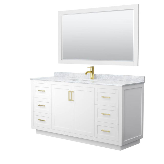Wyndham Collection - Miranda 66 Inch Single Bathroom Vanity in White, White Carrara Marble Countertop, Undermount Square Sink, Brushed Gold Trim, 58 Inch Mirror