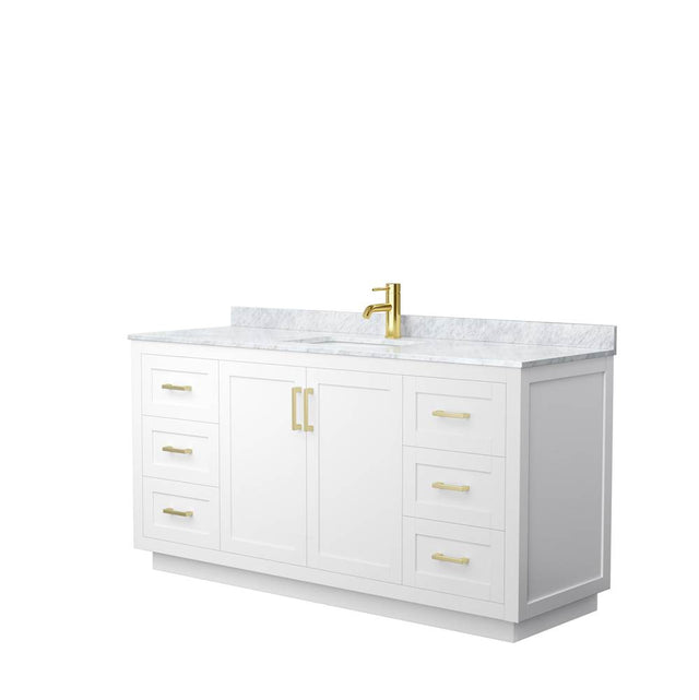 Wyndham Collection - Miranda 66 Inch Single Bathroom Vanity in White, White Carrara Marble Countertop, Undermount Square Sink, Brushed Gold Trim