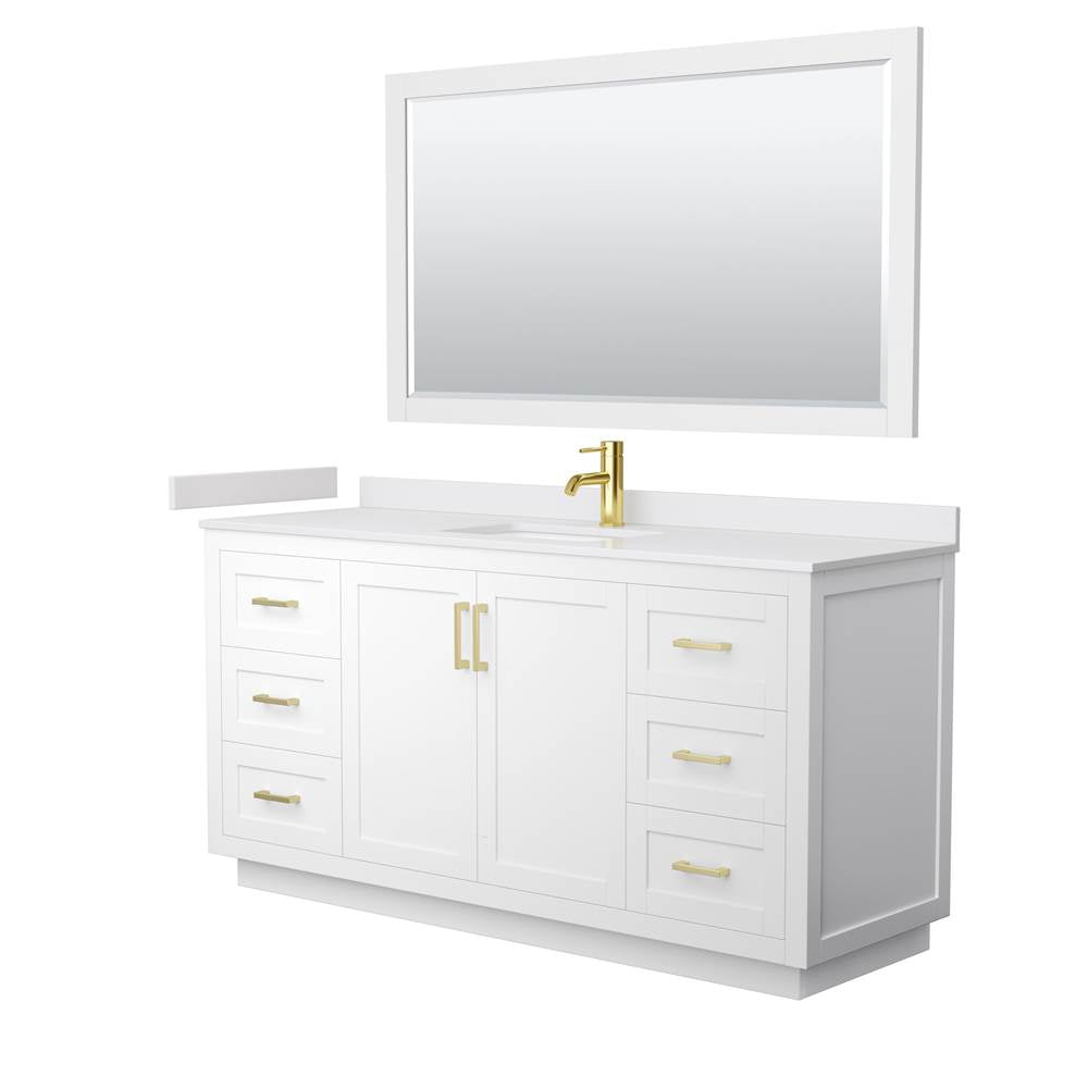 Wyndham Collection - Miranda 66 Inch Single Bathroom Vanity in White, White Cultured Marble Countertop, Undermount Square Sink, Brushed Gold Trim, 58 Inch Mirror