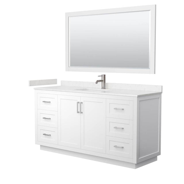 Wyndham Collection - Miranda 66 Inch Single Bathroom Vanity in White, Carrara Cultured Marble Countertop, Undermount Square Sink, Brushed Nickel Trim, 58 Inch Mirror