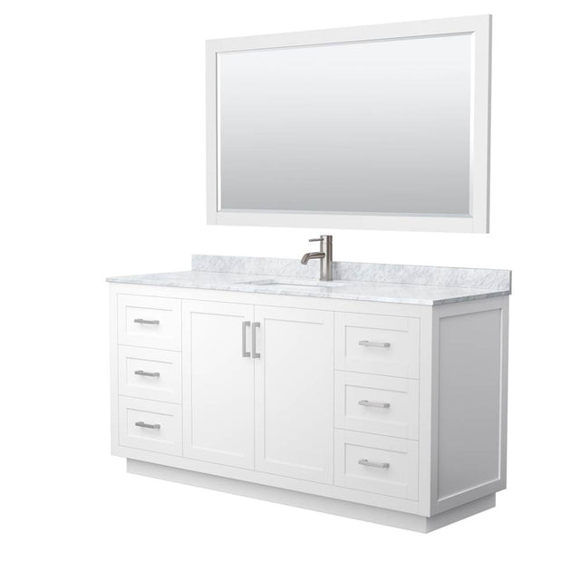 Wyndham Collection - Miranda 66 Inch Single Bathroom Vanity in White, White Carrara Marble Countertop, Undermount Square Sink, Brushed Nickel Trim, 58 Inch Mirror