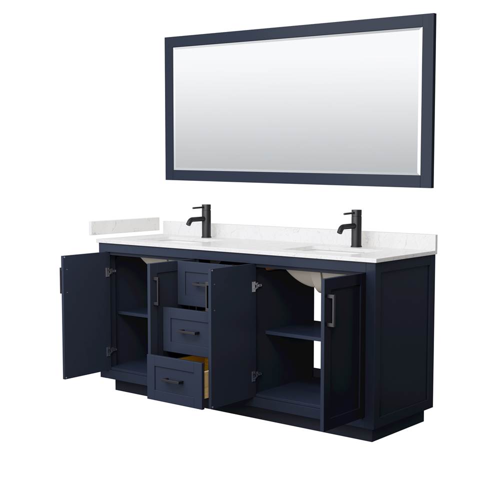 Miranda 72 Inch Double Bathroom Vanity in Dark Blue, Carrara Cultured Marble Countertop, Undermount Square Sinks, Matte Black Trim, 70 Inch Mirror