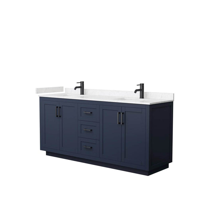 Wyndham Collection - Miranda 72 Inch Double Bathroom Vanity in Dark Blue, Carrara Cultured Marble Countertop, Undermount Square Sinks, Matte Black Trim